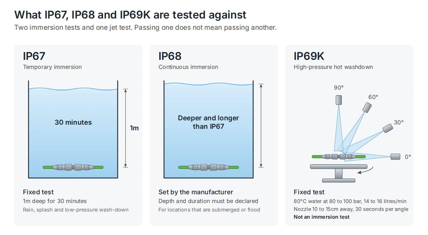 Test conditions for IP67 and IP68 immersion and the IP69K high-pressure hot water jet test